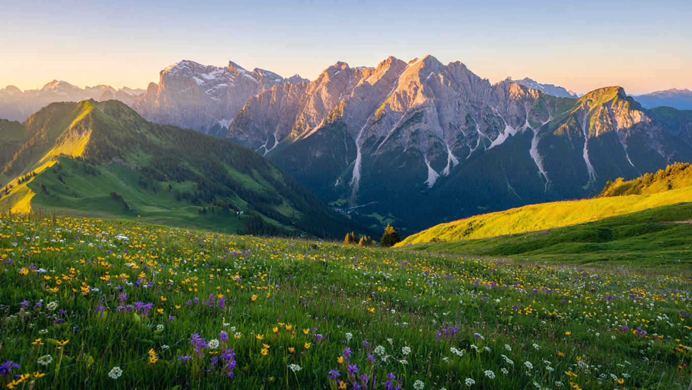 Majestätische Bayerische Alpen mit Almwiesen im Vordergrund